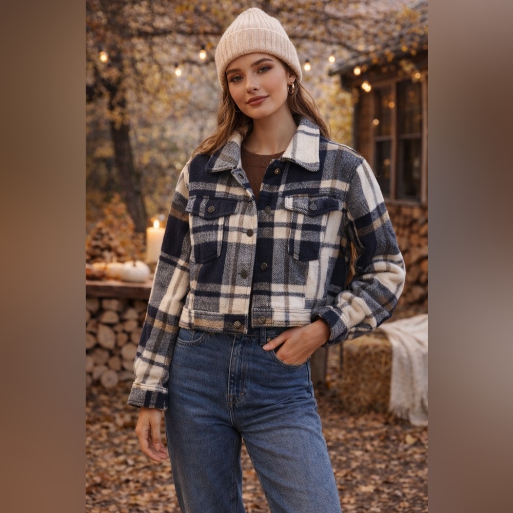NWT Stoosh Navy Plaid Cropped Trucker Jacket Size Small Lined Fall Shacket
